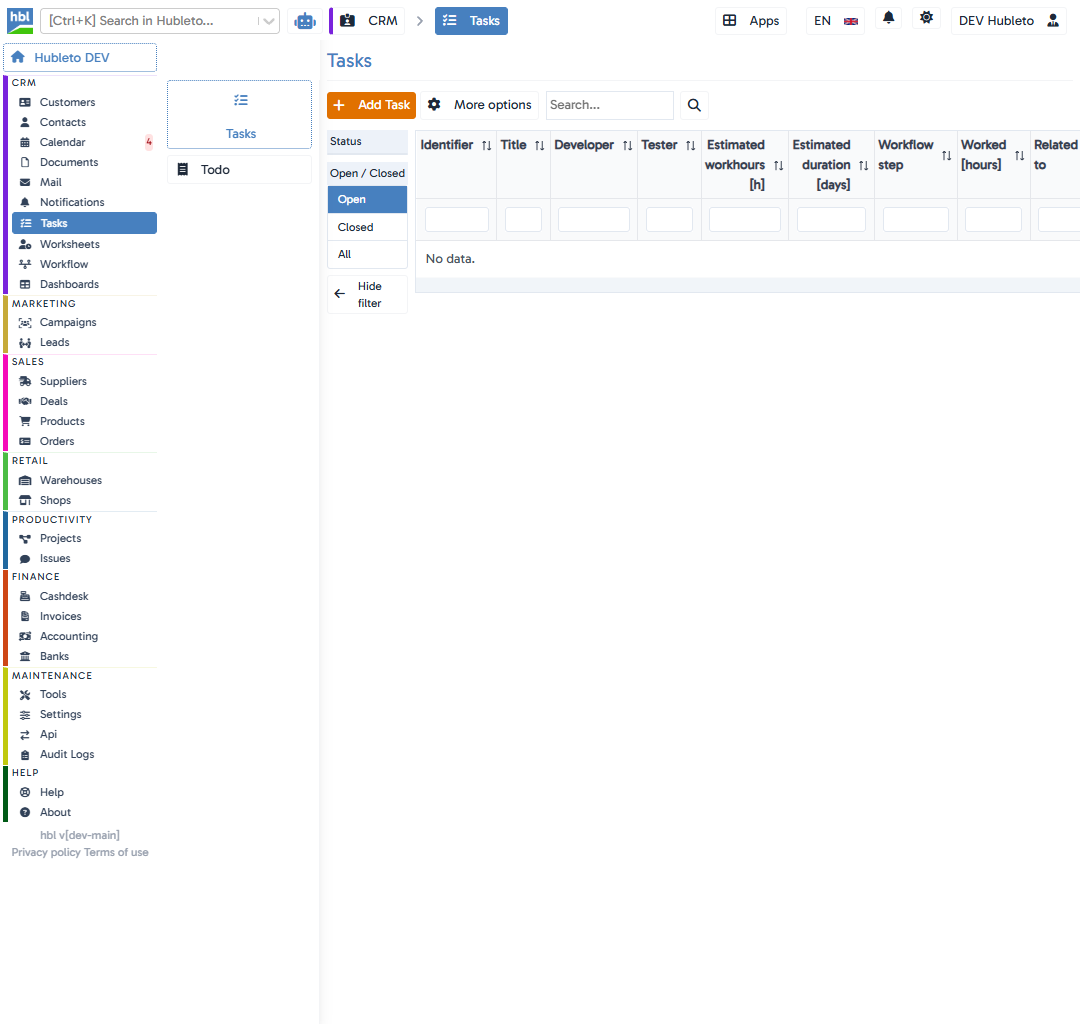 Go to `CRM` → `Tasks`