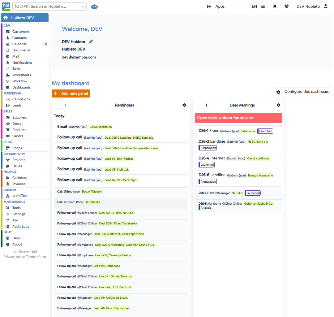 The main navigation areas on a typical Hubleto homepage