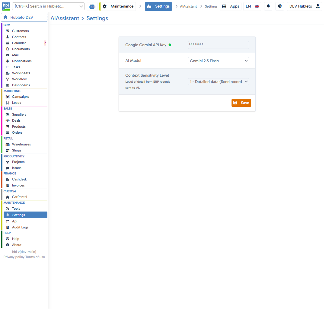 AI Assistant settings page